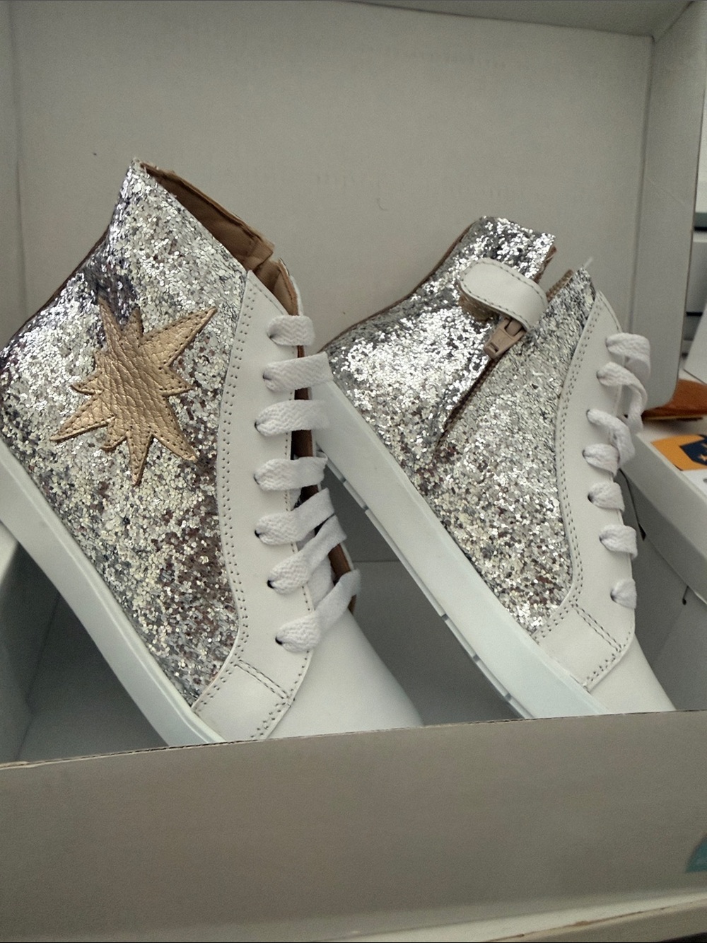 NIB Elephantito Silver Glitter High-Top Sneakers with Gold Star Accent